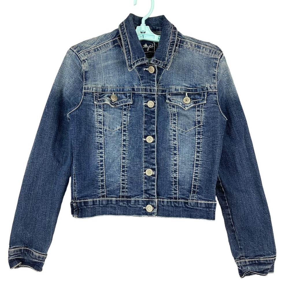 Amethyst Girls Blue Stretch Denim Jacket Size Large Long Sleeve Two Flap-Pockets